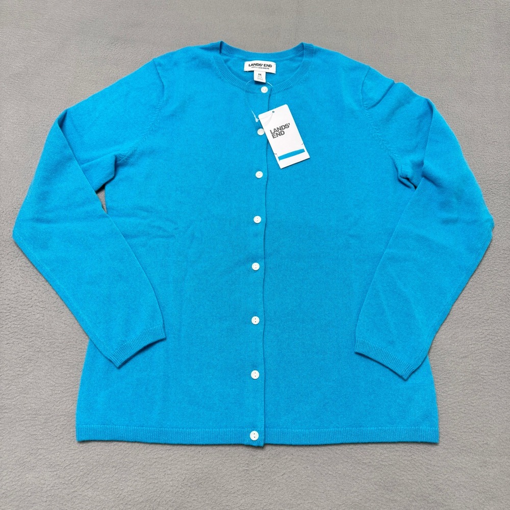 Lands End Cardigan Women M 10-12 Blue 100% Cashmere Button Front Sweater NWT